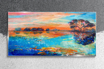 Sunset over the lake Glass Print