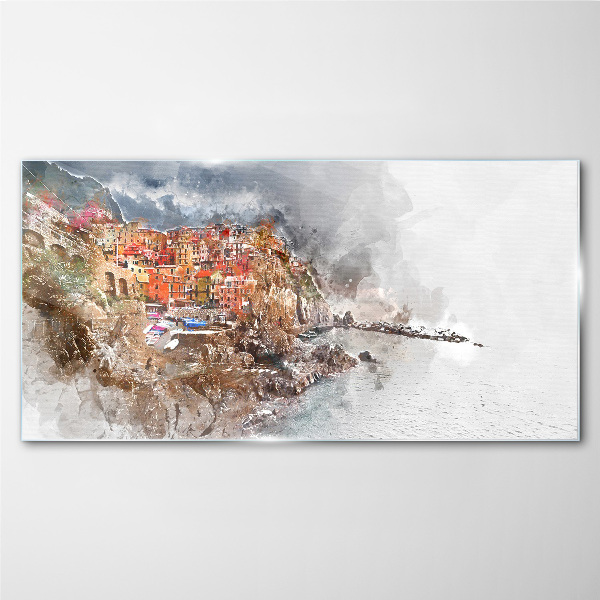 A colorful town by the sea Glass Wall Art