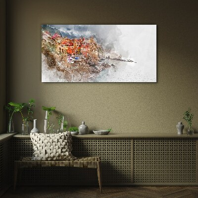A colorful town by the sea Glass Wall Art