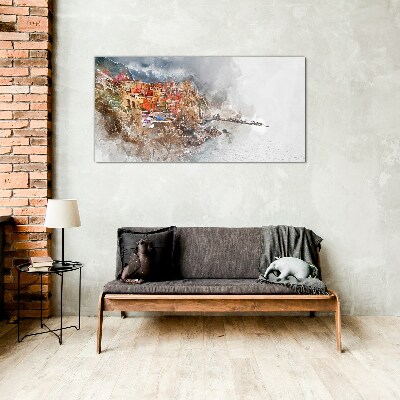 A colorful town by the sea Glass Wall Art
