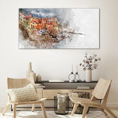 A colorful town by the sea Glass Wall Art