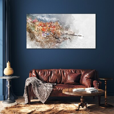 A colorful town by the sea Glass Wall Art