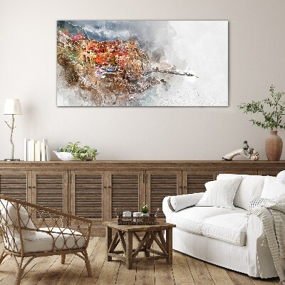 A colorful town by the sea Glass Wall Art