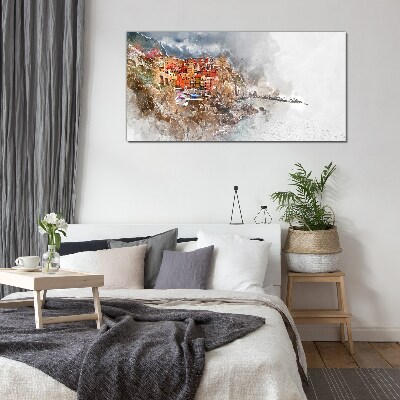 A colorful town by the sea Glass Wall Art