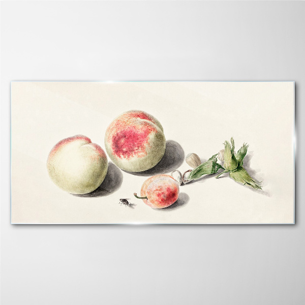 Juicy peaches on a light background Glass Print