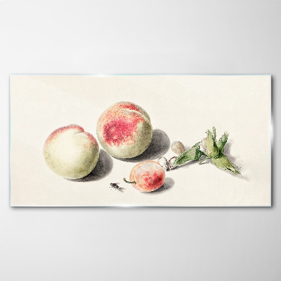 Juicy peaches on a light background Glass Print