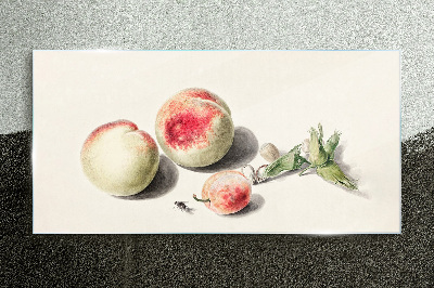 Juicy peaches on a light background Glass Print