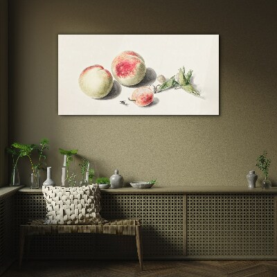 Juicy peaches on a light background Glass Print