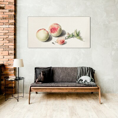 Juicy peaches on a light background Glass Print