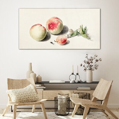 Juicy peaches on a light background Glass Print