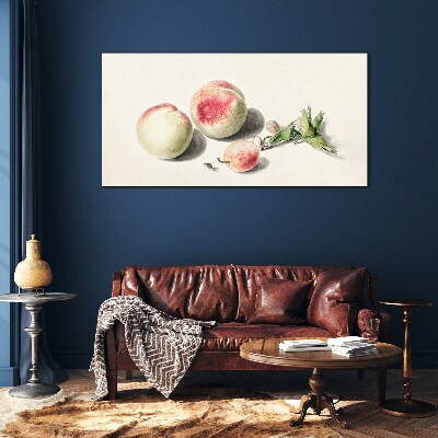 Juicy peaches on a light background Glass Print