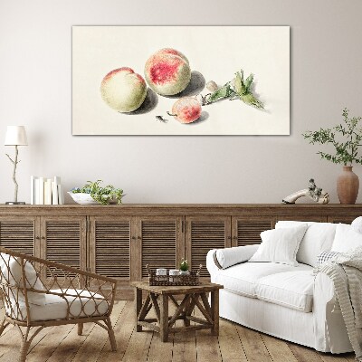 Juicy peaches on a light background Glass Print