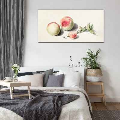 Juicy peaches on a light background Glass Print