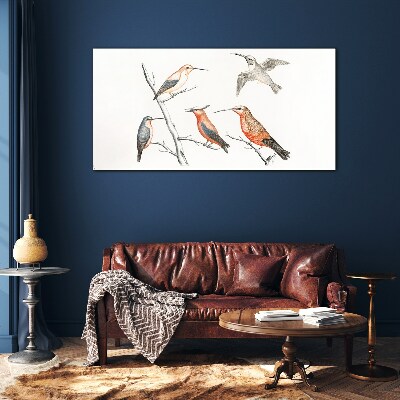 Colorful birds on a branch Glass Print