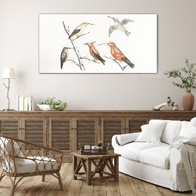 Colorful birds on a branch Glass Print