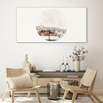 City view with a circular frame Glass Print