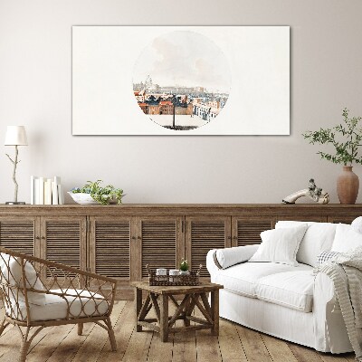 City view with a circular frame Glass Print