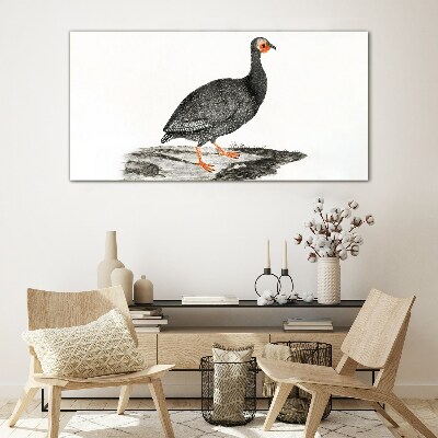 Black bird on white background Glass Print