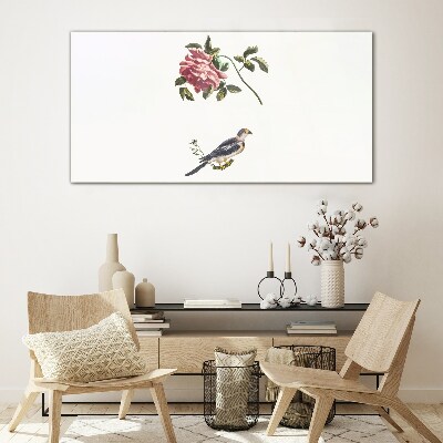 Rose and bird on a white background Glass Print