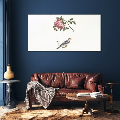 Rose and bird on a white background Glass Print