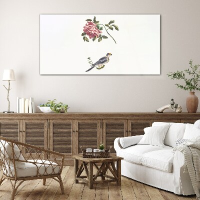 Rose and bird on a white background Glass Print