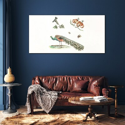 Peacock among flowers and insects Glass Print