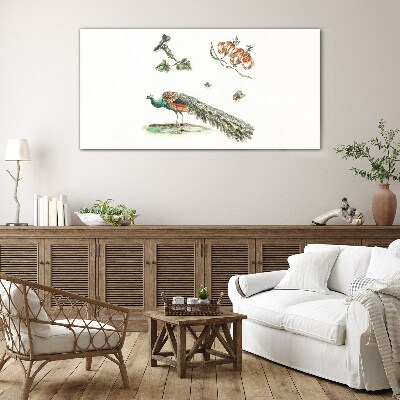 Peacock among flowers and insects Glass Print