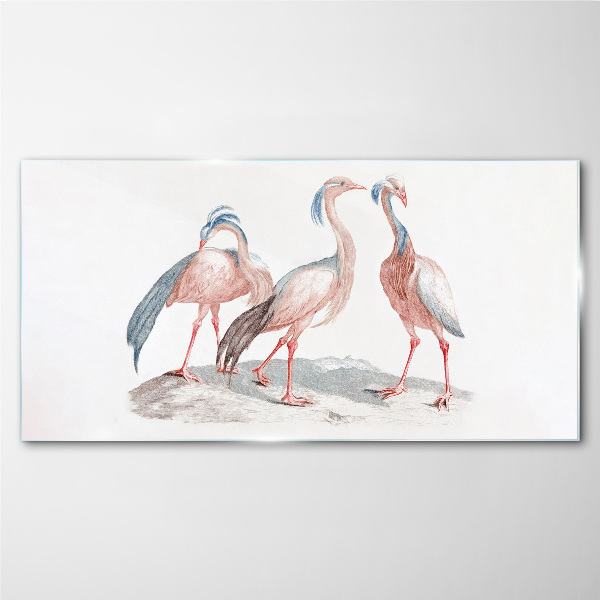 Three pink flamingos on a white background Glass Print