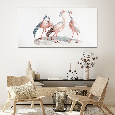Three pink flamingos on a white background Glass Print