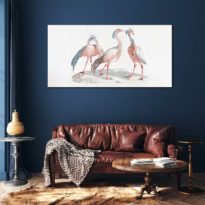 Three pink flamingos on a white background Glass Print