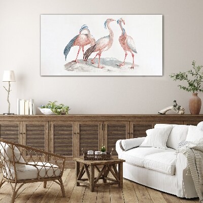 Three pink flamingos on a white background Glass Print