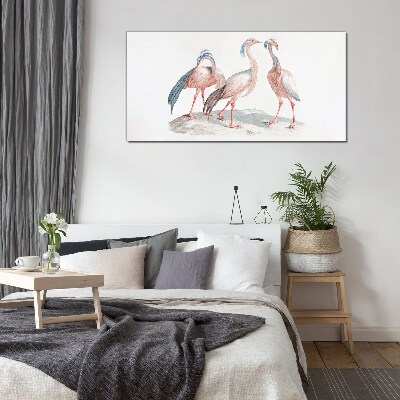 Three pink flamingos on a white background Glass Print
