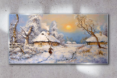 Cottage village winter snow Glass Wall Art
