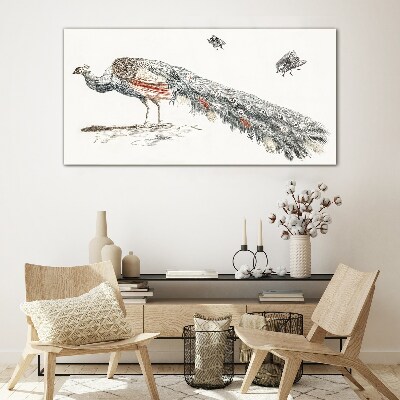 Peacock with flies Glass Print