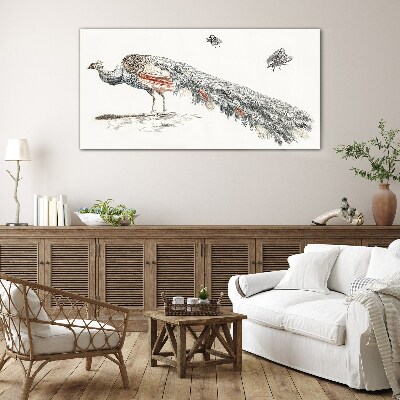 Peacock with flies Glass Print