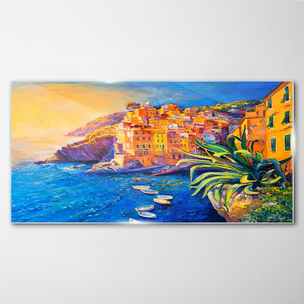 A colorful town by the sea Glass Wall Art