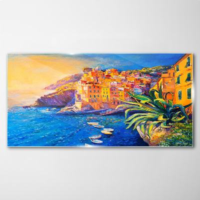 A colorful town by the sea Glass Wall Art
