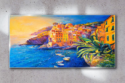 A colorful town by the sea Glass Wall Art