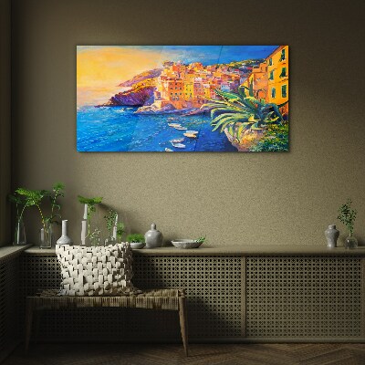 A colorful town by the sea Glass Wall Art