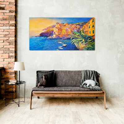 A colorful town by the sea Glass Wall Art