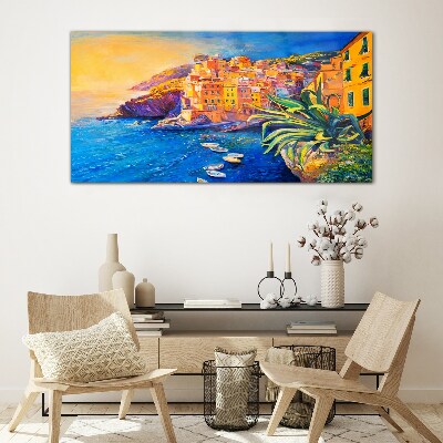A colorful town by the sea Glass Wall Art