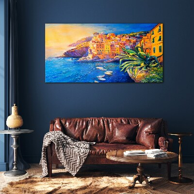 A colorful town by the sea Glass Wall Art