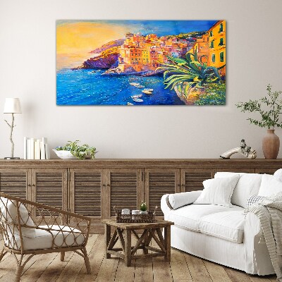 A colorful town by the sea Glass Wall Art