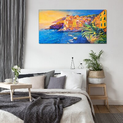 A colorful town by the sea Glass Wall Art
