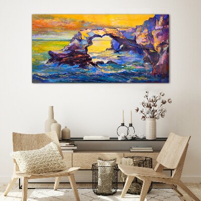Sunset over the sea gate Glass Wall Art