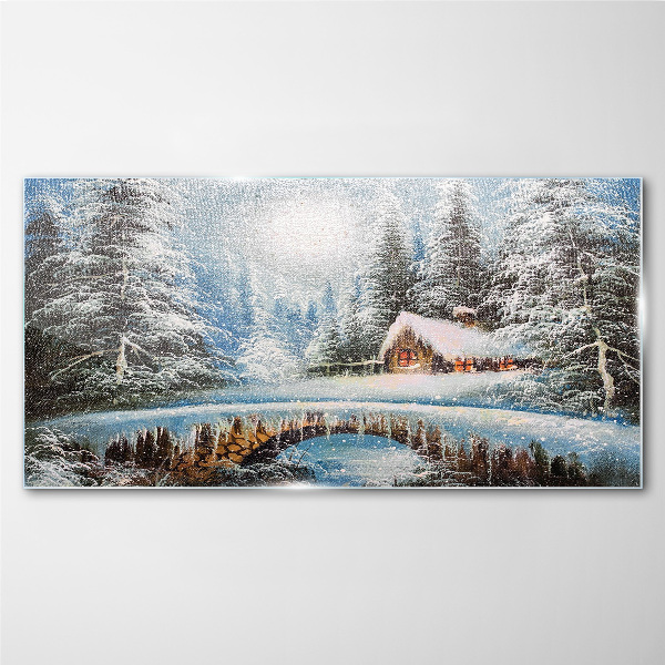 Winter landscape with a cottage in the forest Glass Wall Art
