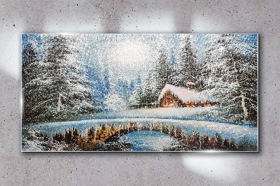 Winter landscape with a cottage in the forest Glass Wall Art