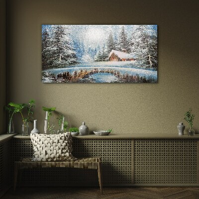 Winter landscape with a cottage in the forest Glass Wall Art