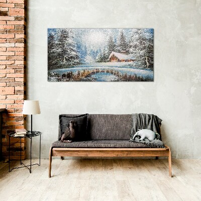 Winter landscape with a cottage in the forest Glass Wall Art