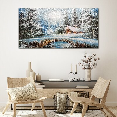Winter landscape with a cottage in the forest Glass Wall Art